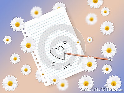 Card from a notebook with a heart on a background of daisies Stock Photo